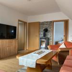 Wohnzimmer mit Holzmöbeln, Fernseher und Kaminofen. Orange Sessel und Couch.