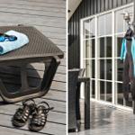Außenbereich mit Liegestuhl, Handtuch, Schwimmbrille und Sandalen. Wetsuit hängt an Hauswand.