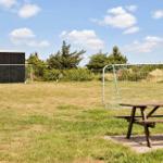 Grüner Rasenbereich mit Fußballtor, Picknicktisch und kleinem Schuppen.