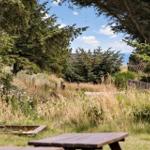 Holztisch im Garten mit Blick auf Wald und Himmel