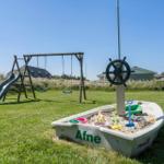 Schwarzes Haus mit Spielplatz und Picknicktisch auf grünem Rasen unter blauem Himmel.