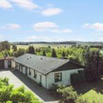 Durch Fensterblick auf Garten mit Skulptur und Waldsee