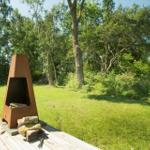 Basketball hoop on concrete pad in grass among trees