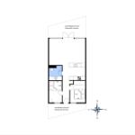 Wohnung mit Küche, Schlafzimmer, Bad und überdachter Terrasse.