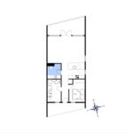 Wohnung mit Küche, Bad und Schlafzimmer. Raumplan mit Kompass.
