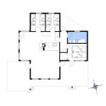 Wohnung mit vier Schlafzimmern, Küche und Bad. Grundriss mit Orientierung.