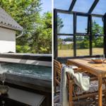 Außenbereich mit Sofa, Tisch, Gläsern und Obstschale.