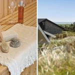 Sauna mit Badetuch, Bürste und Flasche. Haus mit Blick auf Meer und Gras.