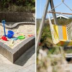 Herzformiger Sandkasten mit Spielzeug und Hängesessel mit gelb-weißem Muster.
