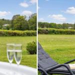 Two images show a garden with a lounge chair and champagne glasses against green scenery.