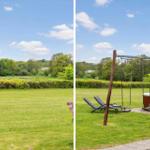 Green garden with hot tub and loungers under blue sky.