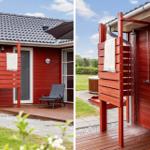 Red wooden outdoor area with shower and lounge chair. Background: grass and forest.