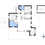 Apartment with multiple bedrooms, kitchen, and covered terrace.