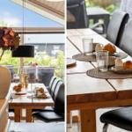 Dining room with wooden table, black chairs, and view of garden.