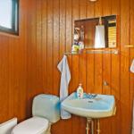 Badezimmer mit Holzwand, Waschbecken, Toilette und Spiegel