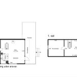 Funktionaler Grundriss mit Küche, Wohnbereich und Terrasse. Zwei Schlafzimmer und Bad.