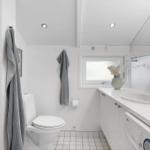 Bathroom with toilet, sink, and shower. Window and mirror visible.