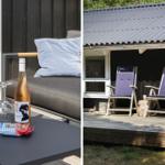 Terrace with seating and wine bottle. Porch with two chairs and wooden deck.