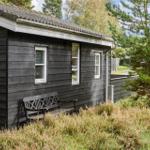 Black wooden cabin with terrace and garden. Adjacent shed. Surrounded by trees.