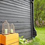 Hinterhof mit Tisch, zwei Stühlen, Pflanzen und gelber Wand