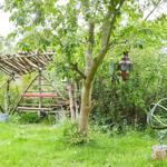 Garten mit Baum, Sträuchern und Blumenkästen. Eine Laterne hängt am Baum.