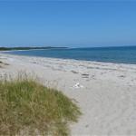 Strand mit Sand und Steinen, Meer im Hintergrund, Grünflächen rechts