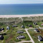 Aerial view of coastal houses on dunes near sea with wind turbines in distance.