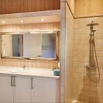 Dusche mit Whirlpool, Toilette und Holzdecke