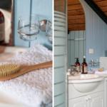 Badezimmer mit Dusche, Waschbecken und Toilette unter Holzdecke.