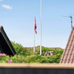 Schwarzes Ferienhaus mit Terrasse und Garten. Umgeben von weiteren Häusern und Grünflächen.