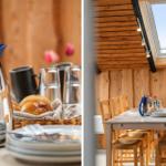 Wohnbereich mit zwei Sofas, Holztisch und Blick auf die Terrasse.