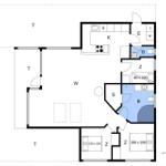 Wohnung mit Küche, Bad, Schlafzimmer und Wohnbereich. Flur und Küche sind separat.