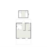 Apartment with bedroom, bathroom, and kitchen. Hall leads to all rooms.