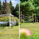 Hammock in garden with view of trees. Wooden play equipment on lawn.