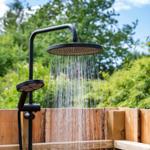 Outdoor shower with black showerhead and wooden surround in greenery.