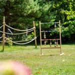 Wooden toy on green lawn in front of trees