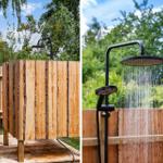 Outdoor wooden shower with overhead and handheld shower