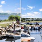 Boat harbor with piers and picnic tables by the water