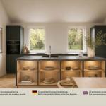 Wäschetrockner und Waschmaschine in integriertem Schrank mit Pflanzen und Korb.