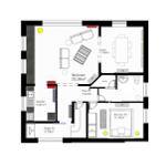 Wohnung mit Küche, Wohnzimmer, Esszimmer und Schlafzimmer. Flur und Dusche vorhanden.