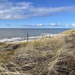 Wooden path leads from the beach over dunes to the sea.