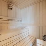 Sauna mit Holzbank und Steinkasten. Wände und Decke aus Holz verkleidet.