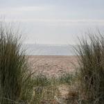 Strand mit Dünen und Sand, Blick auf das Meer unter blauem Himmel.