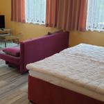 Zimmer mit Bett, Sofa, Sessel und Fernseher. Fenster mit Vorhängen.