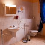 Badezimmer mit Waschbecken, Toilette, Spiegel und Fenster mit blauen Vorhängen.