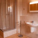 Badezimmer mit Dusche, Waschbecken und Spiegelschrank