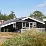 Black wooden house with terrace and garden. Surrounded by trees and grass.
