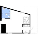 Apartment with kitchen, bathroom, and bedroom. Room heights and furniture are marked.